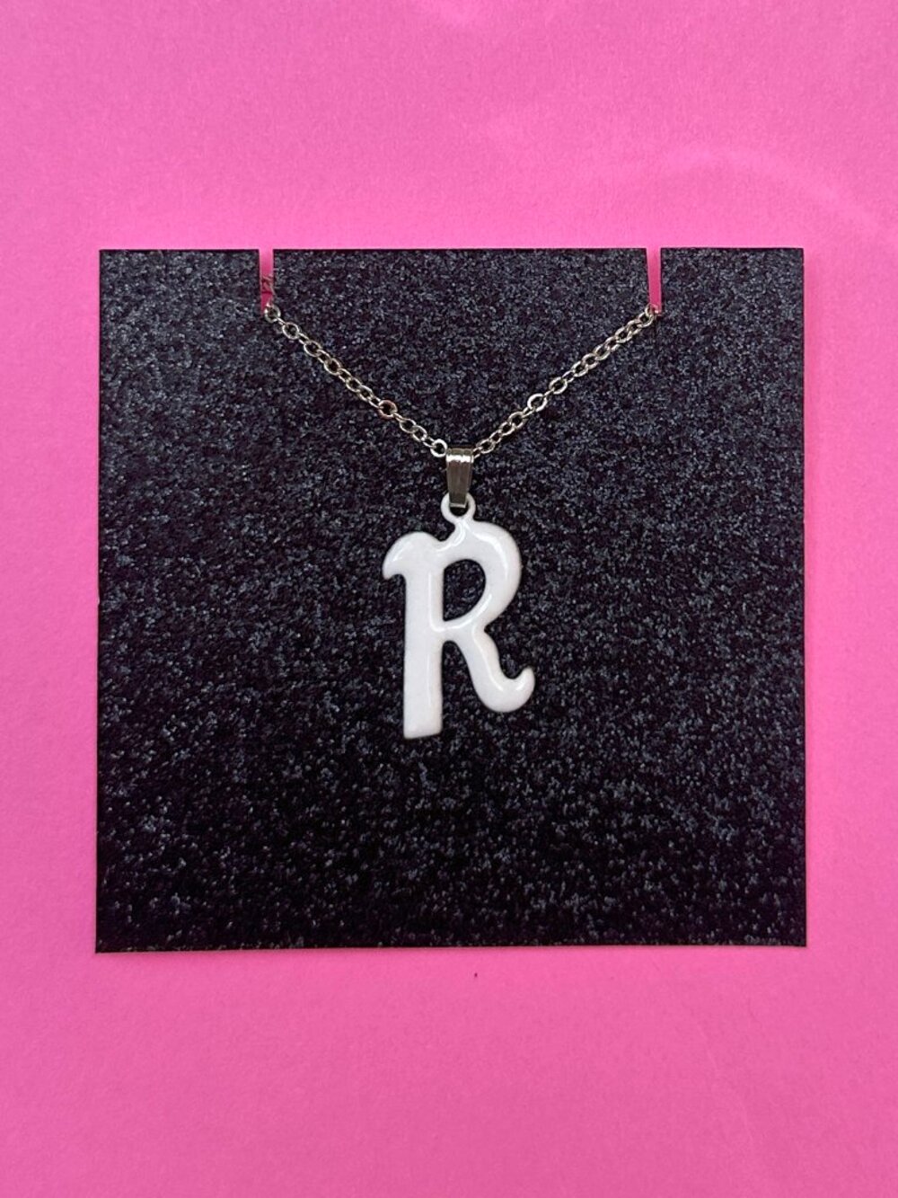 Vintage White Letter R Initial on a 16" Silver Chain, OTHER LETTERS AVAILABLE